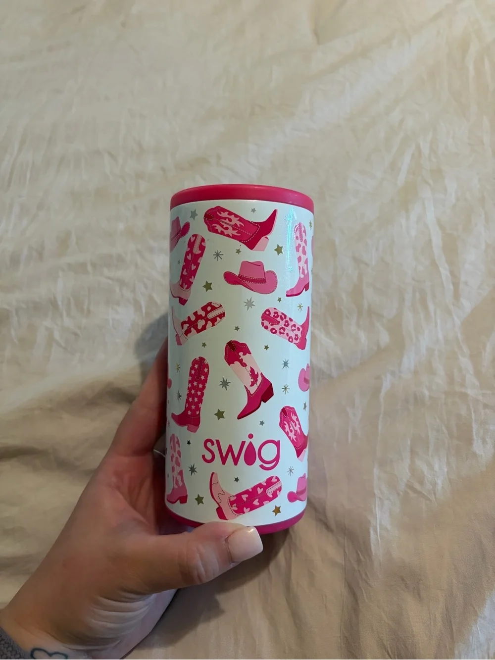 Swig Pink Cowboy Boot Pattern Insulated Can Cooler
